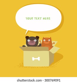 Cute cat and dog sitting in cardboard box, banner with speech bubble. Homeless cat and dog. Vector colorful illustration isolated on yellow