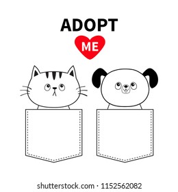 Cute cat dog sitting in the pocket. Adopt me. Red heart. Cartoon animals. Kitten kitty puppy character. Dash line. Pet animal collection. T-shirt design Baby background Flat design Vector illustration
