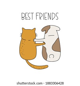 Cute cat and dog sitting together. Handwritten lettering- Best friends. Hand drawn vector illustration. Adorable animals. Good for posters, textiles, t shirts.