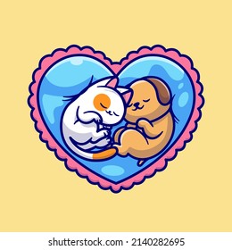 Cute Cat And Dog Sleeping Love Heart Pillow Cartoon Vector Icon Illustration. Animal Nature Icon Concept Isolated Premium Vector. Flat Cartoon Style