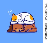 Cute Cat And Dog Sleeping Together Cartoon Vector Icon Illustration. Animal Nature Icon Concept Isolated Premium Vector. Flat Cartoon Style