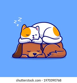 Cute Cat And Dog Sleeping Together Cartoon Vector Icon Illustration. Animal Nature Icon Concept Isolated Premium Vector. Flat Cartoon Style