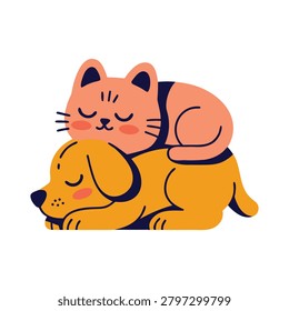 Cute cat and dog sleeping together in a friendly hug