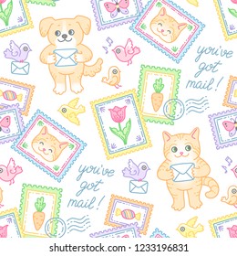 Cute cat, dog, stamps, envelopes and tiny birds. Seamless pattern at cartoon style for design and decoration of postal items

