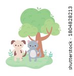 cute cat dog tree grass cartoon animals in a natural landscape vector illustration
