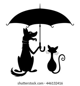 Cute cat and dog under an umbrella.