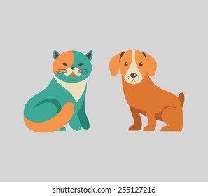 Cute cat and dog vector icons and illustrations