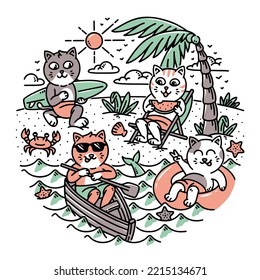 cute cat doing activities on the beach illustration