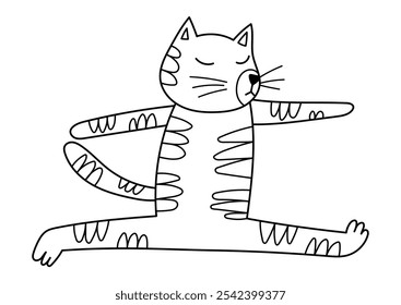 Cute cat doing yoga in black and white. Funny outline feline character in splits position. Pet gymnastic vector illustration