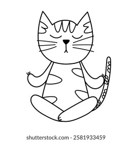 Cute cat doing yoga in black and white. Funny outline feline character in sitting position. Pet gymnastic vector illustration