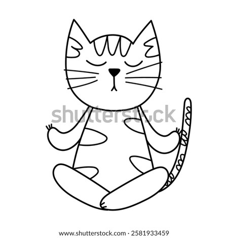 Cute cat doing yoga in black and white. Funny outline feline character in sitting position. Pet gymnastic vector illustration