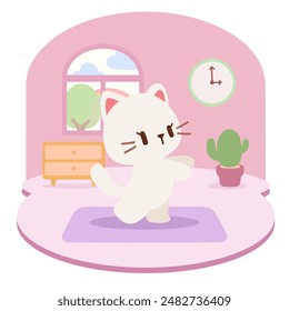 Cute Cat Doing Yoga in Cozy Room.Kawaii Cat Practicing Yoga Indoors.