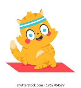 Cute cat doing yoga exercise vector cartoon character isolated on a white background.