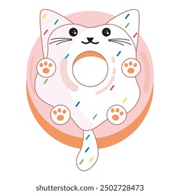 Cute Cat Donut Character. Kids Coloring Pages, White Glaze with confetti on donut. Isolated Vector illustration EPS. Bakery illustration design for print or web