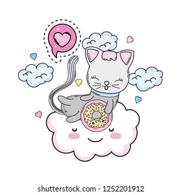 cute cat with donut in cloud