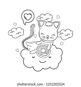 cute cat with donut in cloud