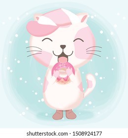 Cute cat with donut hand drawn cartoon watercolor illustration on green background