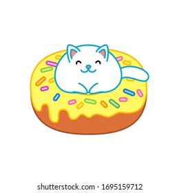 Cute cat and donut. Illustration of a fat cat sitting on a yellow glazed donut. Isolated objects. Vector 8 EPS.