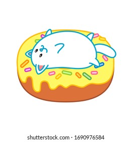 
Cute cat and a donut. Illustration of a lazy white kitten lying on a yellow glazed donut. Isolated objects. Vector 8 EPS.