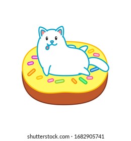 Cute cat and donut. Illustration of a washing up white kitten sitting on a yellow glazed donut. Isolated objects. Vector 8 EPS.