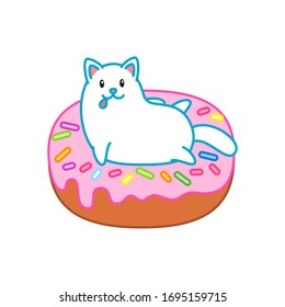 Cute cat and donut. Illustration of a washing up white kitten sitting on a pink glazed donut. Isolated objects. Vector 8 EPS.