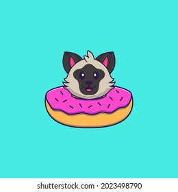 Cute cat with a donut on his neck. Animal cartoon concept isolated. Can used for t-shirt, greeting card, invitation card or mascot.