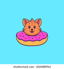 Cute cat with a donut on his neck. Animal cartoon concept isolated. Can used for t-shirt, greeting card, invitation card or mascot.