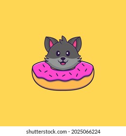 Cute cat with a donut on his neck. Animal cartoon concept isolated. Can used for t-shirt, greeting card, invitation card or mascot.