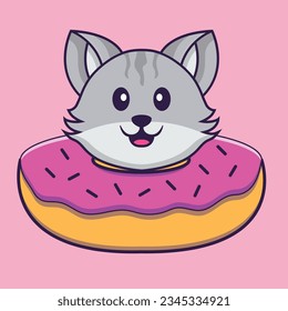 Cute cat with a donut on his neck. Animal cartoon concept isolated. Can used for t-shirt, greeting card, invitation card or mascot