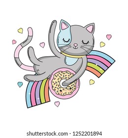 cute cat with donut in rainbow