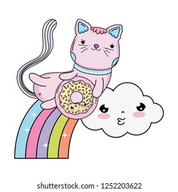 cute cat with donut in rainbow