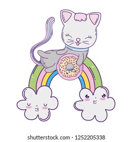 cute cat with donut in rainbow