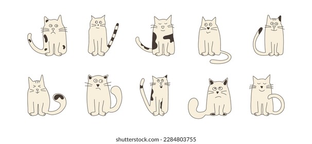 Cute cat doodle, cartoon animal, funny pet, happy kitten character hand drawn vector icon. Meow collection isolated on white background. Kids illustration