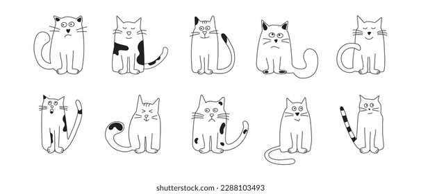 Cute cat doodle, cartoon animal, funny pet, happy kitten character hand drawn vector icon. Black and white meow collection isolated on white background. Kids illustration
