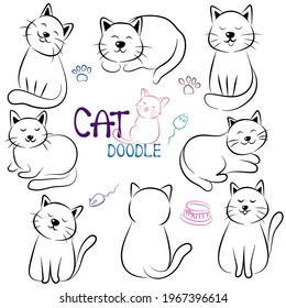 Cute cat doodle. Collection in different poses in free hand  drawn illustration style.