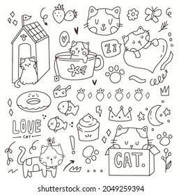 Caricatura de dibujos animados con la mano de garabatos. Cute gato dibujando dentro de la caja. Símbolo de icono de gato