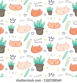 Cute cat doodle pattern background. Vector illustration.