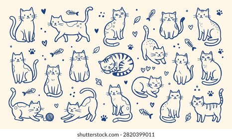Cute Cat Doodle Pattern With Sitting Sleeping Stretching Kittens Yarn Ball Fish Bones Hearts and Paw Prints