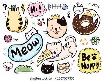 Cute cat doodle playing with pizza and doughnut collection set