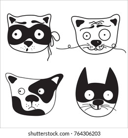 Cute cat doodle series, avatars, Cats sketch line style icons. Flat cat animals, cat logo, cats set. Pets character cats handmade to print cat T-shirts. Vector illustration cats