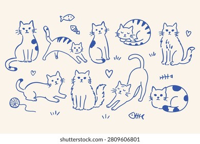 Cute Cat Doodle Sketch Set Vector Collection Featuring Playful Kittens, Sleeping Cats, Yarn Ball and Pet Lifestyle Element