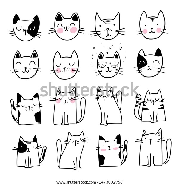 Cute Cat Doodle Style Illustrations Set Stock Vector (Royalty Free ...