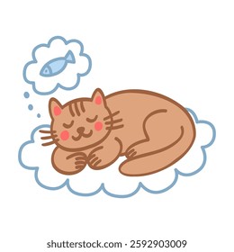 Cute cat doodle style. Simple happy sleeping on a cloud character for card, print, banner, poster, template. Cartoon illustration for children. Hand drawn illustration isolated on white background.