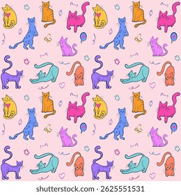 Cute cat doodle vector seamless pattern. Adorable colorful cat in different poses. Isolated vector pattern.