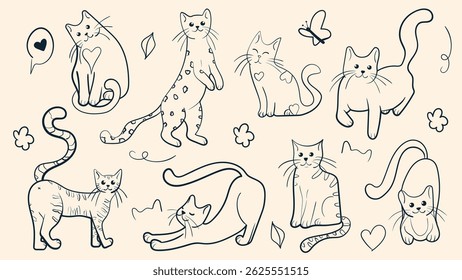 Cute cat doodle vector set. Adorable cat in different poses. Hand drawn vector illustration.