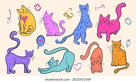 Cute cat doodle vector set. Adorable colorful cat in different poses. Hand drawn vector illustration.