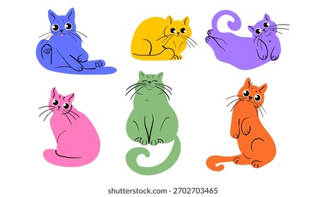 Conjunto de vetor de rabiscar gato bonito. Adorável gato colorido em poses diferentes. Ilustração de vetor desenhada à mão.