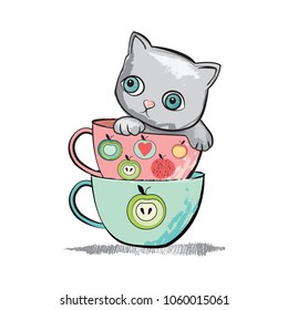 Cute cat in a dotted cup. Vector illustration in a hand-drawn style.