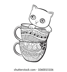 Cute cat in a dotted cup. Vector illustration in a hand-drawn style.