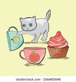 Cute cat in a dotted cup. Vector illustration in a hand-drawn style.
